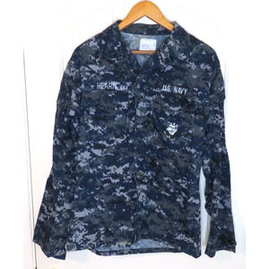 US Navy Blue Digital Camo Pattern Shirt Blouse Military L/S Size Small Long J2